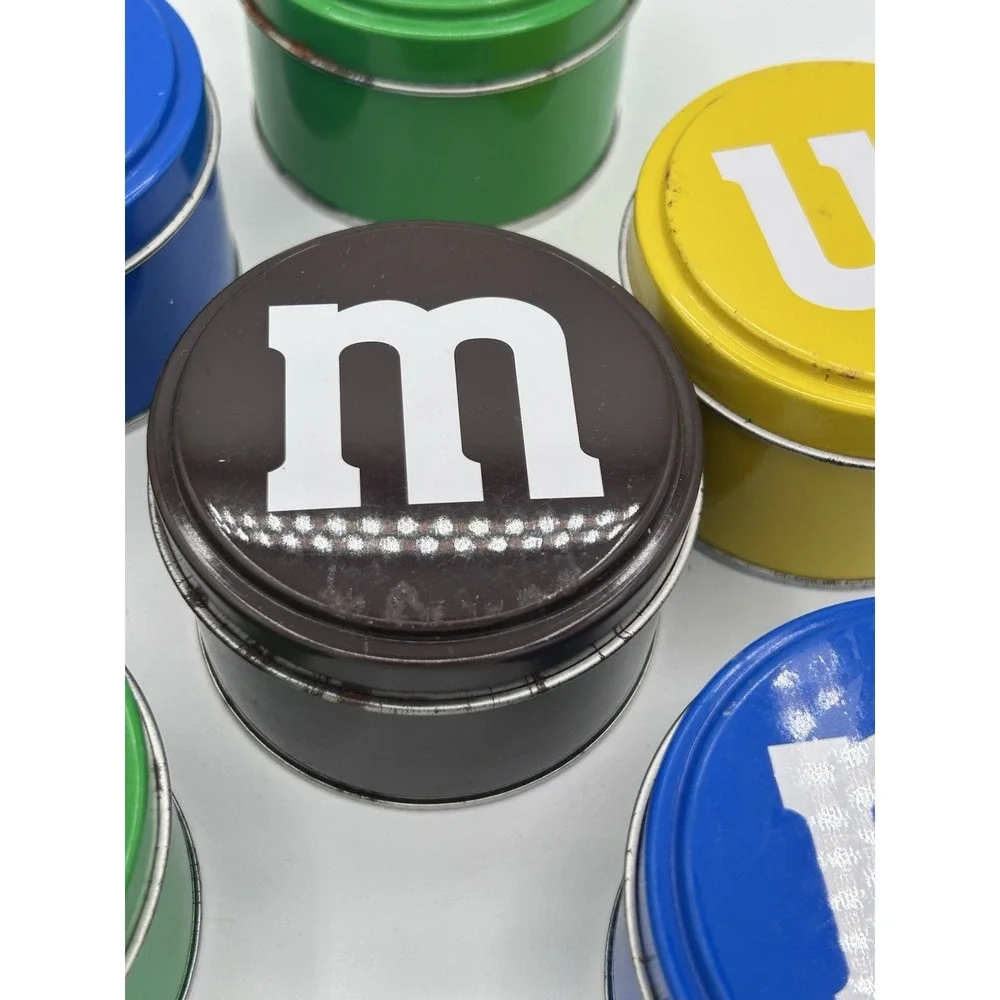 M&M's Collectible Advertising Tins Set of 8 Different Colors Metal 3 inch Round